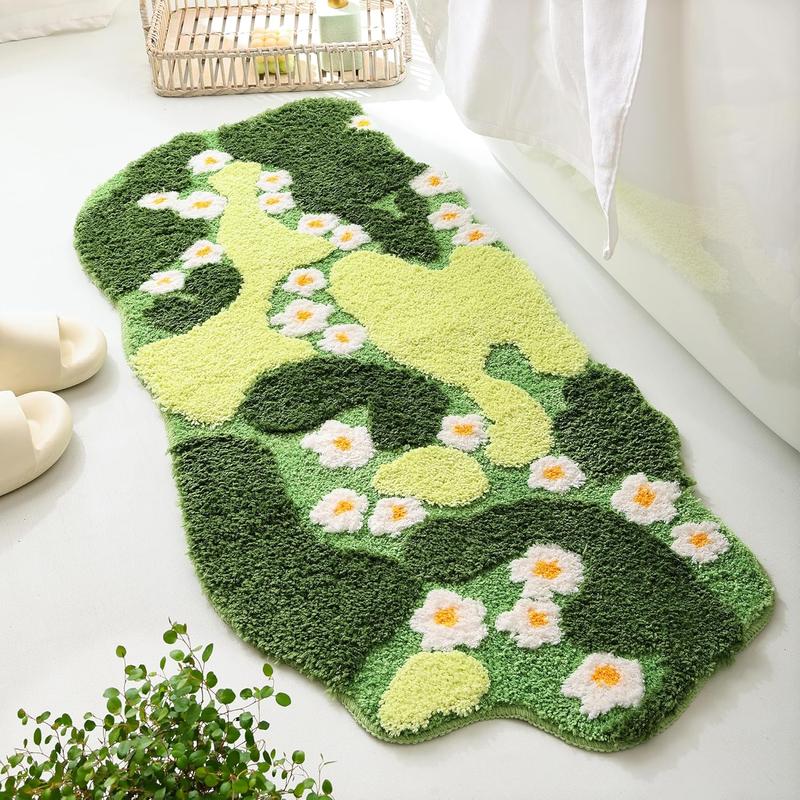 Bathroom Rugs Green Bath Mat Cute Moss Rug with Small White  Non Slip Door Mat for Bedroom and Kitchen Soft Washable Rug Floral Bath Mats (43x20 inch)