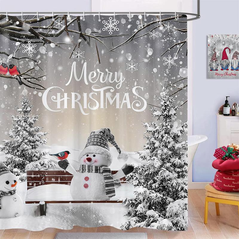 PAUSEBOLL Merry Christmas Winter Snowman Shower Curtain Xmas Tree Cardinal Bird Snowflake Holiday Bathroom Decor with Hooks 72 x 72 Inches