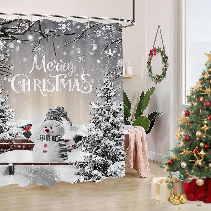 PAUSEBOLL Merry Christmas Winter Snowman Shower Curtain Xmas Tree Cardinal Bird Snowflake Holiday Bathroom Decor with Hooks 72 x 72 Inches