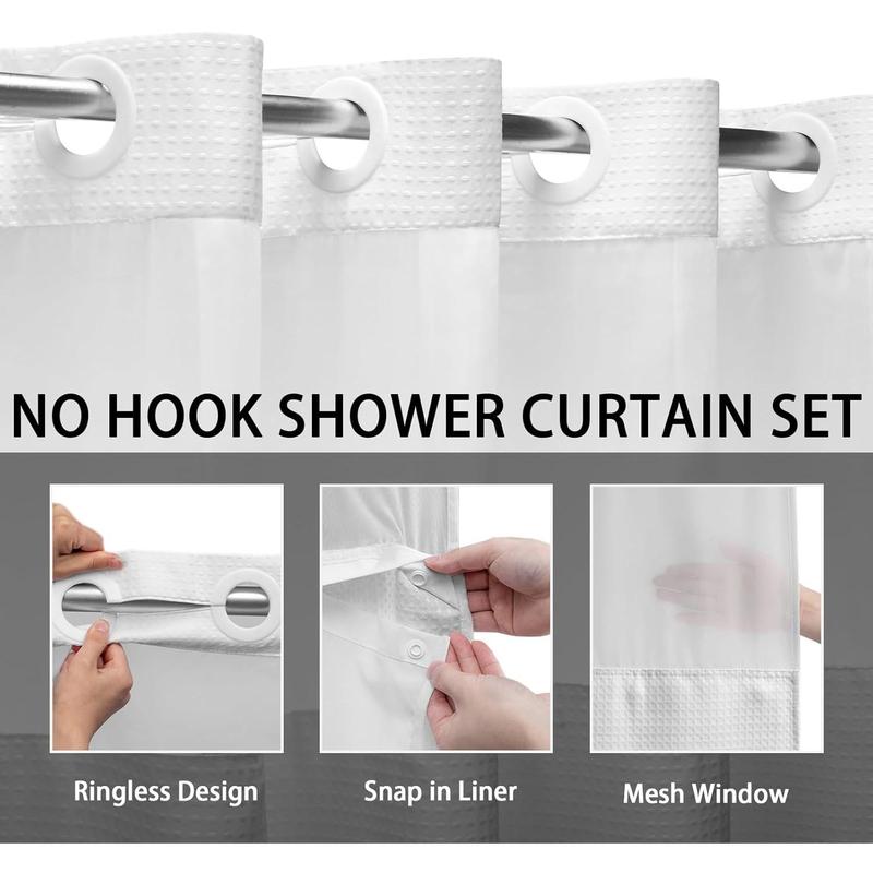 No Hook Shower Curtain with Snap in Liner Set Less Time White Waffle Shower Curtain for Bathroom 75