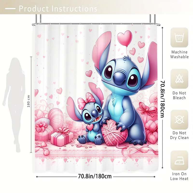 Cartoon Stitch & Heart Pattern Shower Curtain, 1 Count Waterproof Bathroom Curtain with Hooks, Bathroom Decor Supplies for Home Hotel Salon Dormitory