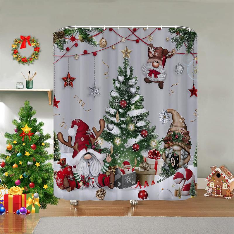 PAUSEBOLL Christmas Gnomes Shower Curtain Xmas Tree Balls Gift Boxes Winter Holiday Decorative Bath Curtain 72 x 72 Inch Polyester Fabric Waterproof Bathroom Curtain with 12 Hooks