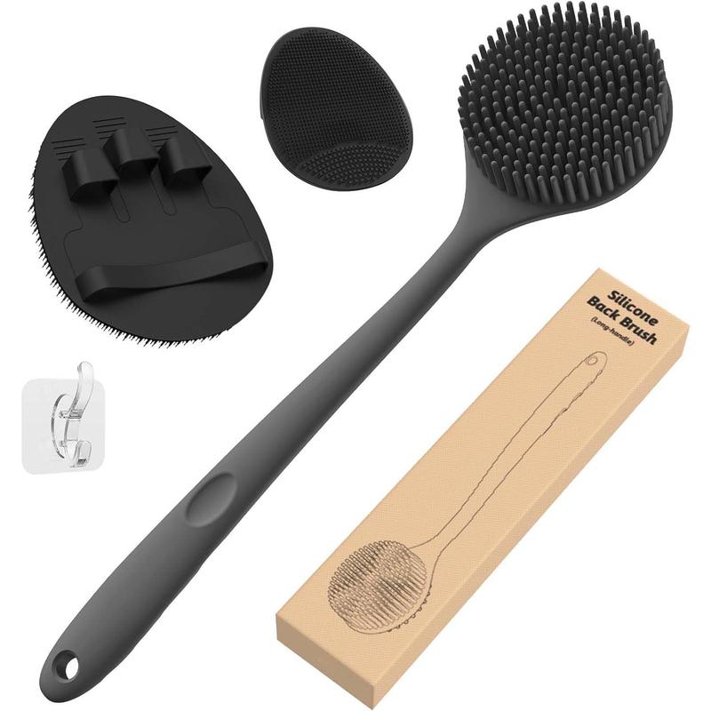 Silicone Back Scrubber (Thick Bristles) & Bath Glove & Face Brush Set(3PCS), Super-Exfoliating & Lathering Body Scrubber, Shower Brush, Face Scrubber Combination, with a Free Hook.(Black)