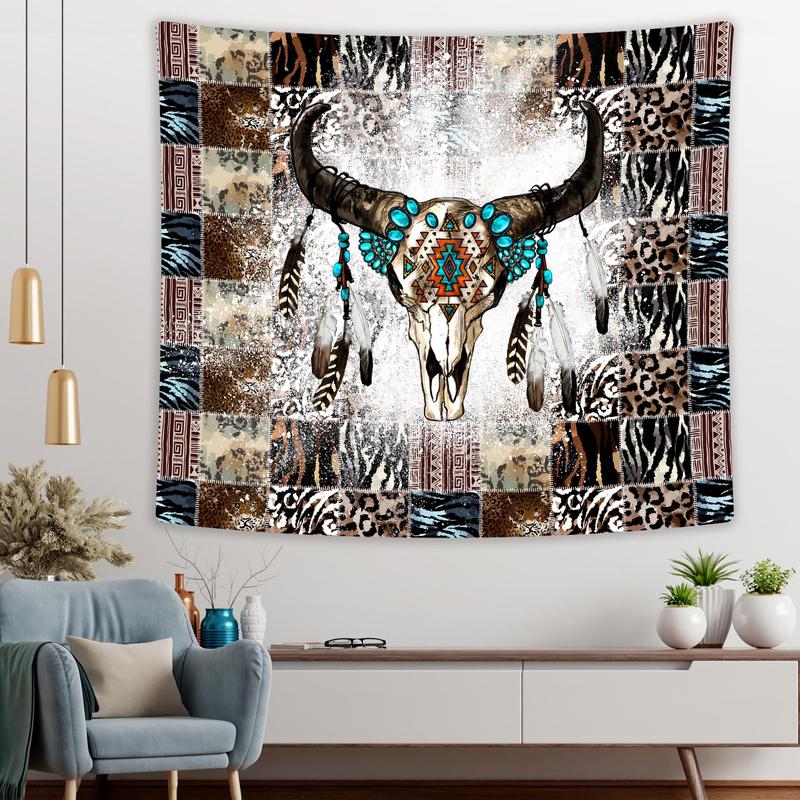 Bull Head Pattern Tapestry, 1 Count Wall Hanging Tapestry, Wall Art Decor for Home Living Room Bedroom, Summer Gift Ideas