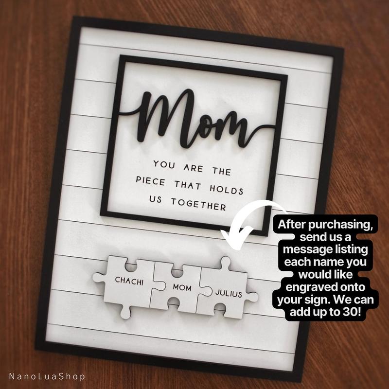 Engraved Mother's Day Sign Gift | Custom Mothers Day Puzzle Sign | Mom You are the Piece that holds us together | Mothers day gift | Personalized for Mom | You are the Piece that Holds us Together | Up to 16 Custom Engraved Puzzle Pieces Decor Frame