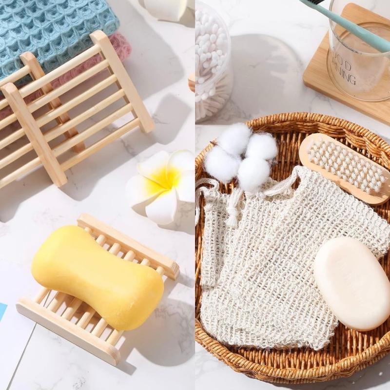 Combo Soap Saver Bag Pouch Mesh and Bamboo Wood Soap Holder for Shower and Bath Use. Accessories Wooden