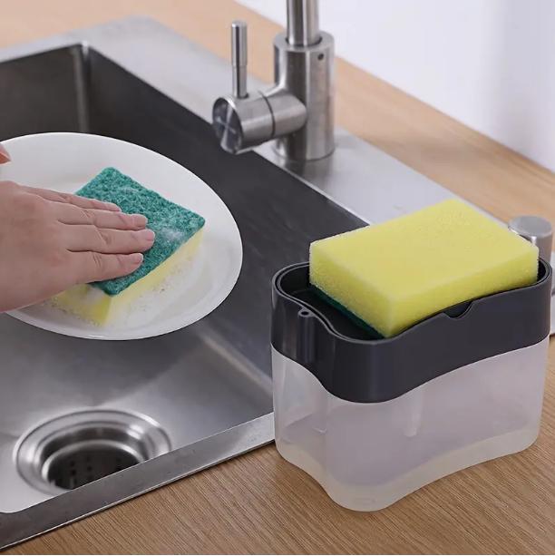 1 Set Kitchen Soap Dispenser with Leak-Proof Dish Soap Pump & Sponge Holder -Stylish Finish, Easy-Pump Action, CompleteSink Organization Solution, Includes Durable Sponge