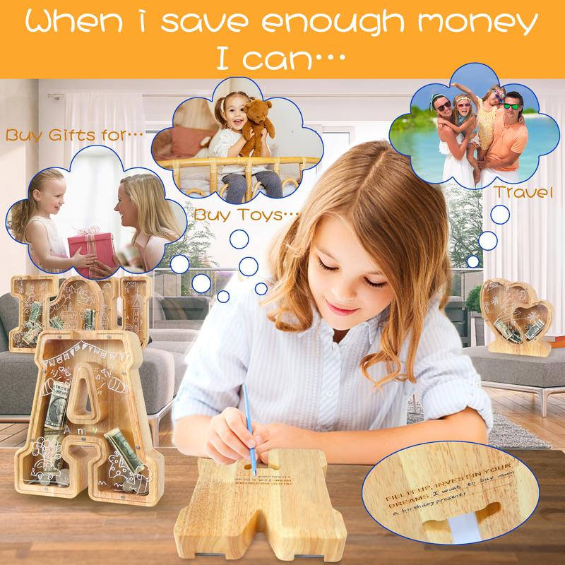 Large Letter Piggy Bank for Kids Boys Girls Wooden Personalized Piggy Banks A-Z with Target Area Clear Alphabet Banknote Coin Banks for Gift Decoration Baptism