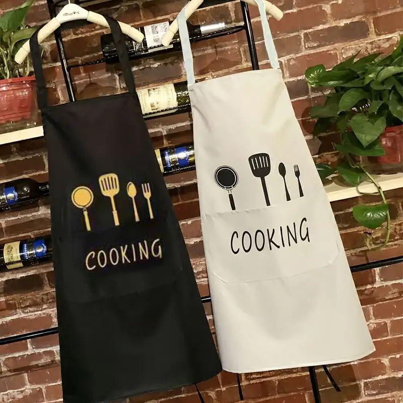 Cooking Utensils Pattern Apron, Waterproof & Oil-proof Cooking Apron with Pocket, Kitchen Household Cooking Apron