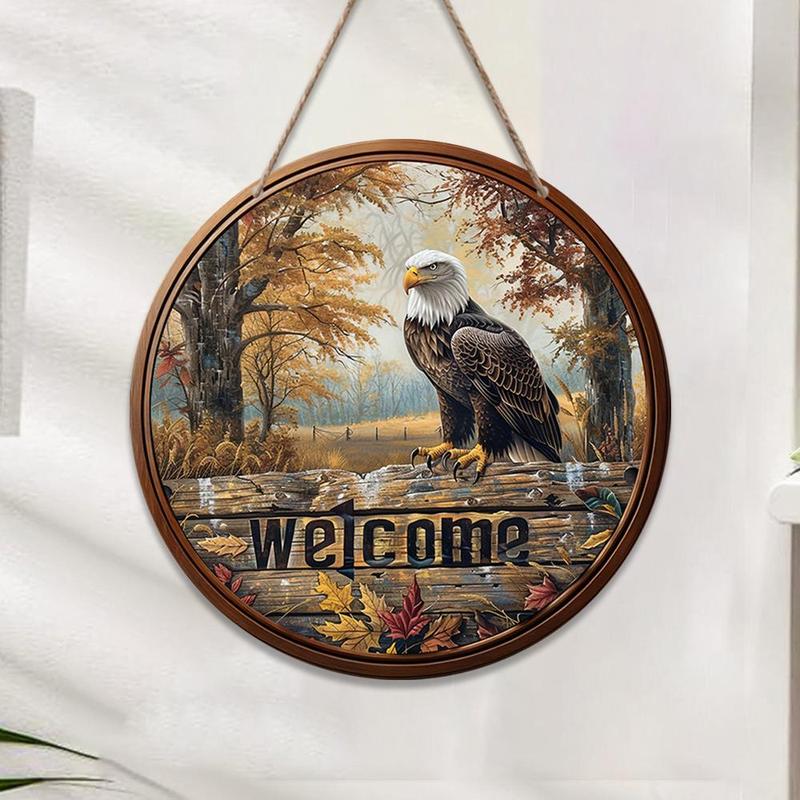 Vintage Wooden Eagle Forest Letter Pattern Round Plaque, 1 Count Welcome Home Decor Sign, Wall Hanging Decor for Home Living Room Bedroom