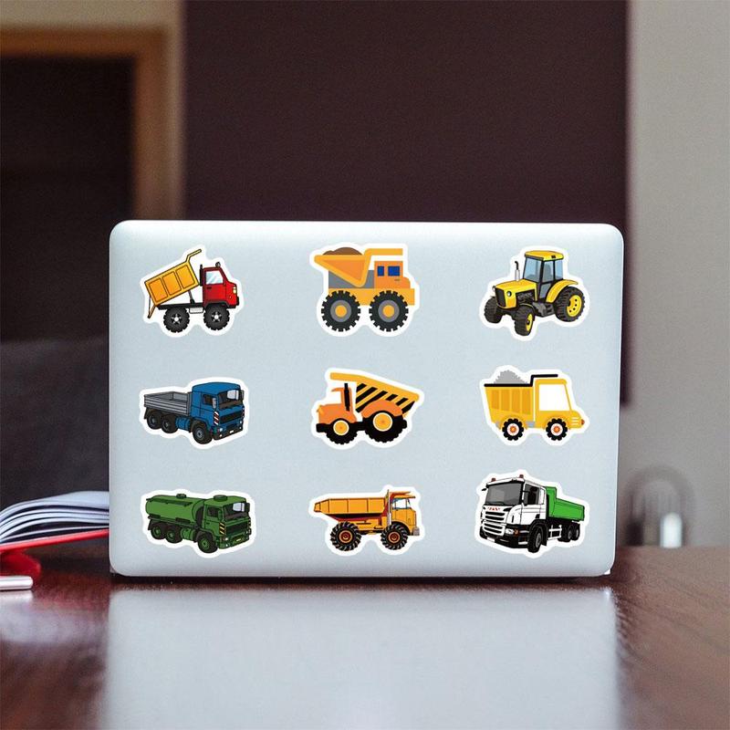 Cartoon Construction Truck Pattern Sticker, 50pcs set Cute Engineering Vehicle Sticker for Christmas Gift, Waterproof Self Adhesive Decor Paper for Gift Bottle Laptop Phone