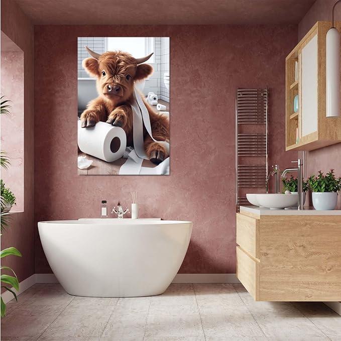 Charming Highland Cow Canvas Art Print poster, Frameless Bathroom Wall Decor , Cute Animal Print for Modern Home & Office(Frameless)