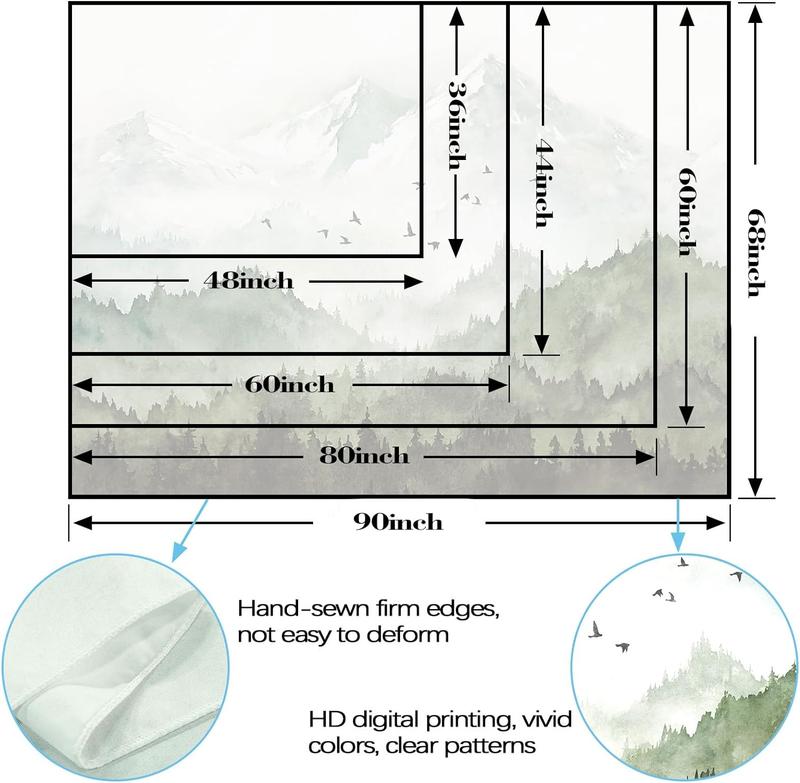 Mountain Forest Tapestry, Misty Foggy Sage Green Tree Landscape Watercolor Art Wall Backdrop 36×48 inch Decor Curtain Hanging Print Room