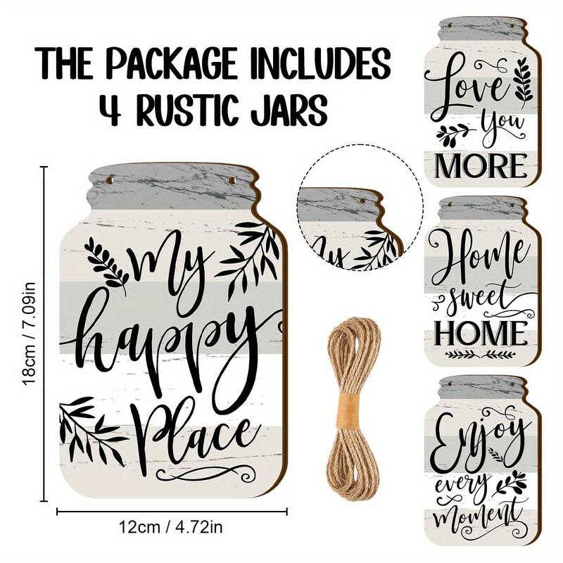 Mason Jar Design Wooden Country Wall Decor, 4 Counts set Leaves & Letter Pattern Farmhouse Kitchen Wall Art with Twine, Home Decor for Kitchen & Living Room