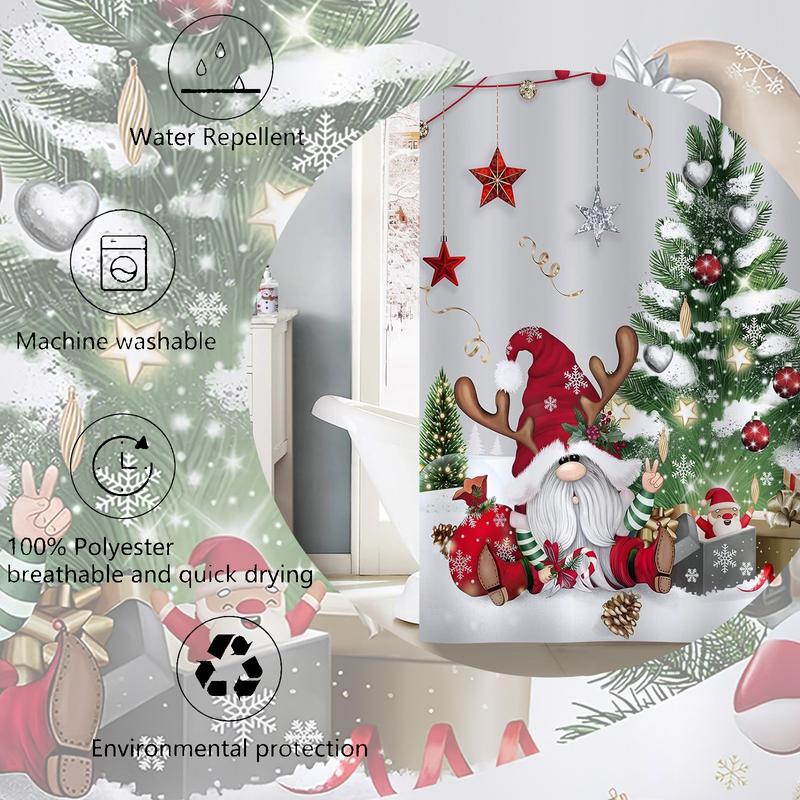 PAUSEBOLL Christmas Gnomes Shower Curtain Xmas Tree Balls Gift Boxes Winter Holiday Decorative Bath Curtain 72 x 72 Inch Polyester Fabric Waterproof Bathroom Curtain with 12 Hooks