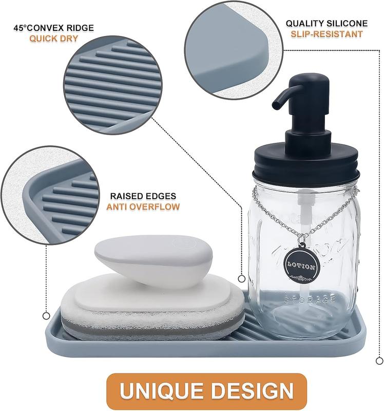 Silicone Organizer Tray, Soap and Sponge holder for Kitchen Sink, Bathroom - Storage Tray for Dish Brush, Soap Dispenser, Dishwashing Accessories- 2 Pack Gray