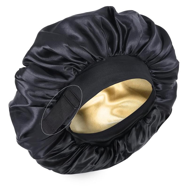 Silk Bonnet for Sleeping Double Layer Satin Bonnet Adjustable Bonnets for Black Women Sleep Cap Reversible Hair Bonnet for Curly Hair (Black and Pink)