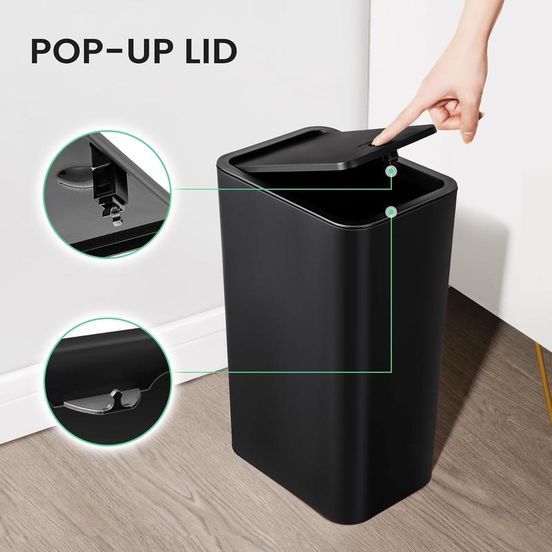 Bathroom Trash Can with Lid, 4.0 Gallon   15 Liter Small Garbage Can with Press Top Lid, Plastic Wastebasket with Pop-up Lid for Toilet, Office, Bedroom, Living Room, Black