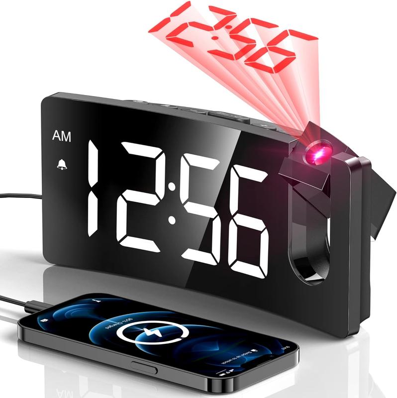 Projection Alarm Clock, Digital Clock with 180° Rotatable Projector, 3-Level Brightness Dimmer, Clear LED Display, USB Charger, Progressive Volume, 9mins Snooze,12 24H, Digital Alarm Clock for Bedroom Decor Gift Wall Adjustable