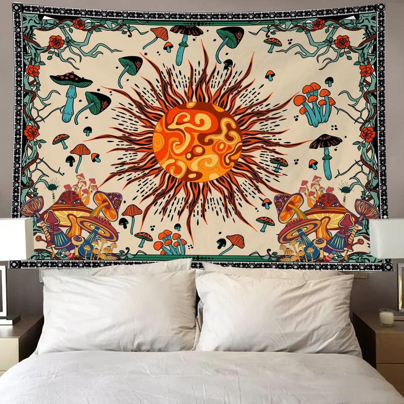 Sun & Mushroom Print Tapestry, Vintage Hanging Blanket, Wall Hanging Decor for Home Living Room Bedroom