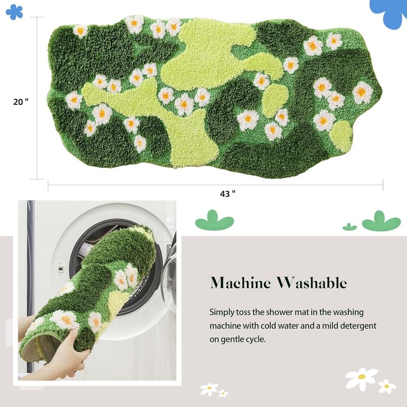 Bathroom Rugs Green Bath Mat Cute Moss Rug with Small White  Non Slip Door Mat for Bedroom and Kitchen Soft Washable Rug Floral Bath Mats (43x20 inch)