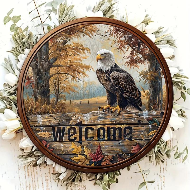 Vintage Wooden Eagle Forest Letter Pattern Round Plaque, 1 Count Welcome Home Decor Sign, Wall Hanging Decor for Home Living Room Bedroom