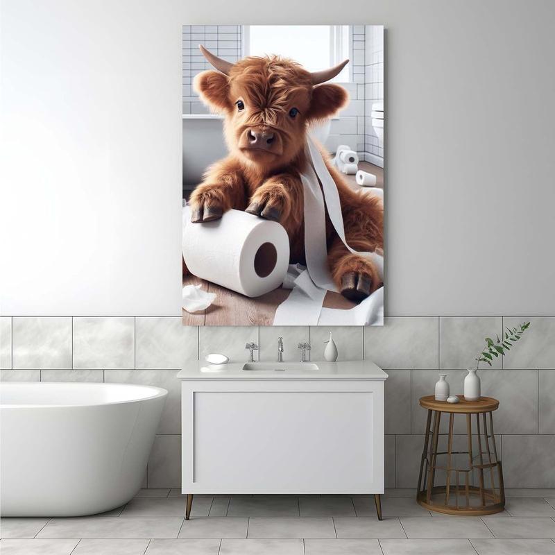 Charming Highland Cow Canvas Art Print poster, Frameless Bathroom Wall Decor , Cute Animal Print for Modern Home & Office(Frameless)