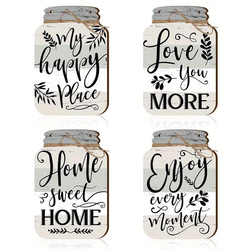 Mason Jar Design Wooden Country Wall Decor, 4 Counts set Leaves & Letter Pattern Farmhouse Kitchen Wall Art with Twine, Home Decor for Kitchen & Living Room