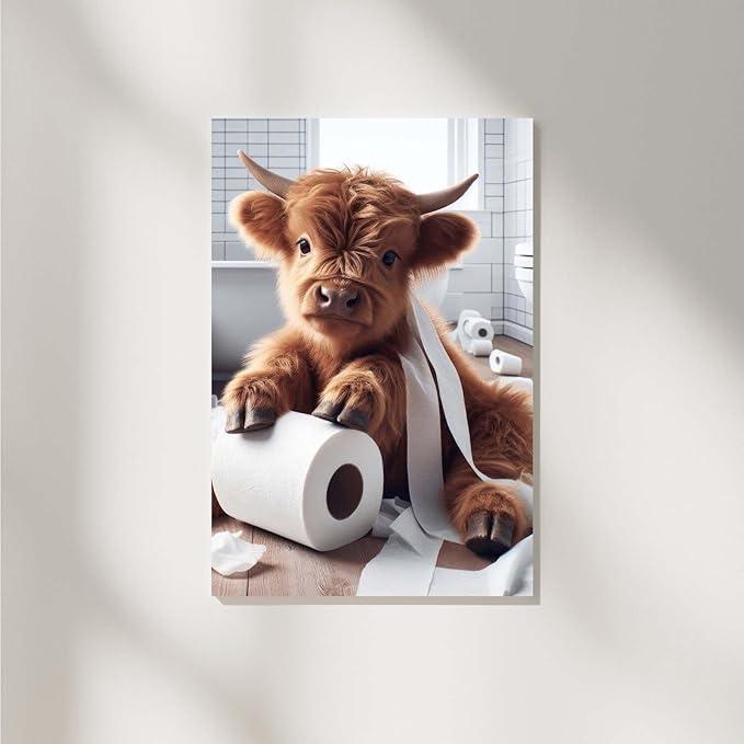 Charming Highland Cow Canvas Art Print poster, Frameless Bathroom Wall Decor , Cute Animal Print for Modern Home & Office(Frameless)