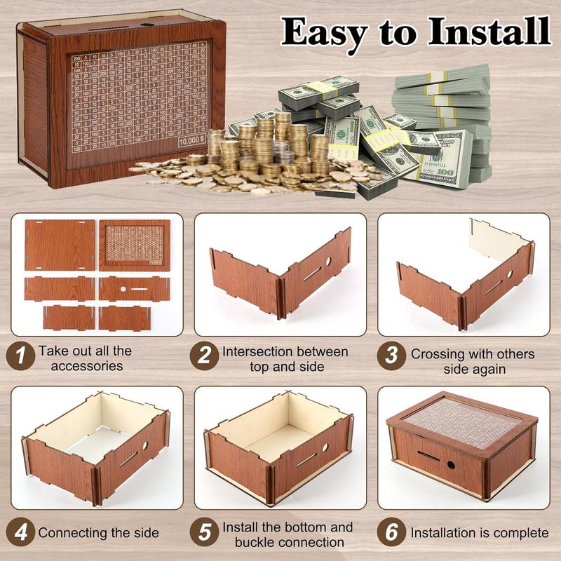 Retro Cash Money Saving Box,Wooden Money Box with Money Target and Numbers-Challenge your willpower and control over money,Savings Challenges Money Box with Counter,Cash Savings Box,Cash Saver Box,Piggy Bank for Savings Goal Decor Ornaments