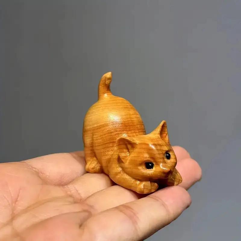 Cute Lazy Cat Design Wooden Ornament, 1 Count Hand Carved Desktop Decoration, Creative Home Decor for Living Room Bedroom Office