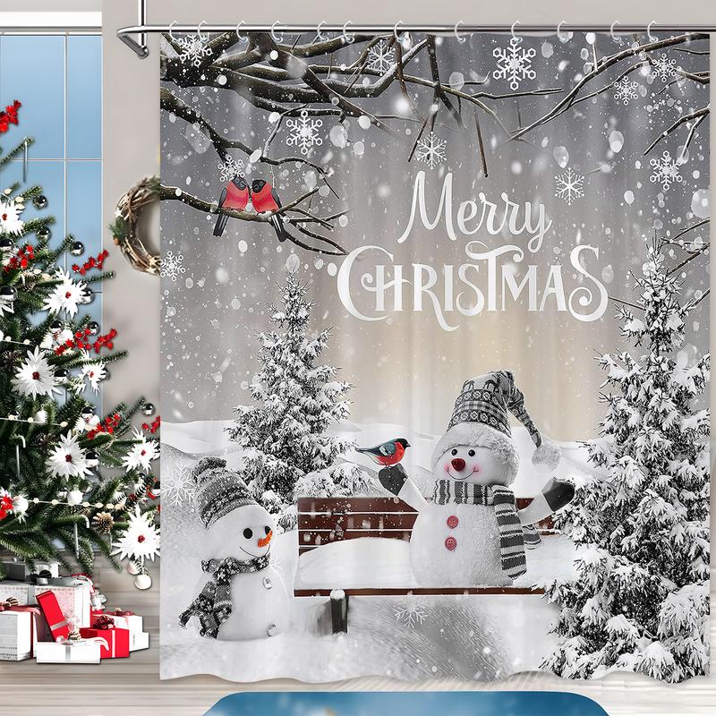 PAUSEBOLL Merry Christmas Winter Snowman Shower Curtain Xmas Tree Cardinal Bird Snowflake Holiday Bathroom Decor with Hooks 72 x 72 Inches