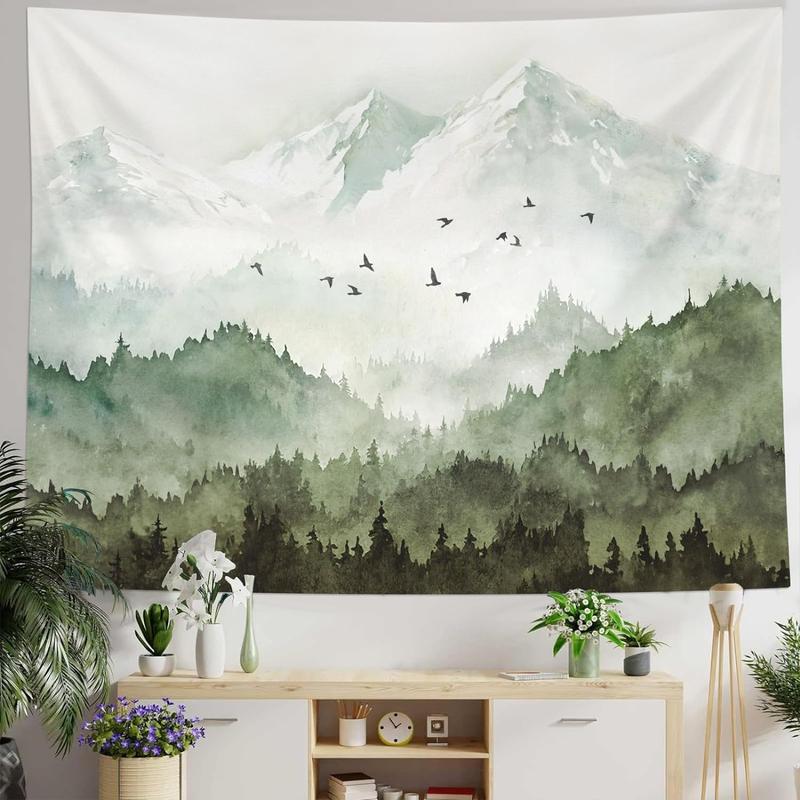 Mountain Forest Tapestry, Misty Foggy Sage Green Tree Landscape Watercolor Art Wall Backdrop 36×48 inch Decor Curtain Hanging Print Room