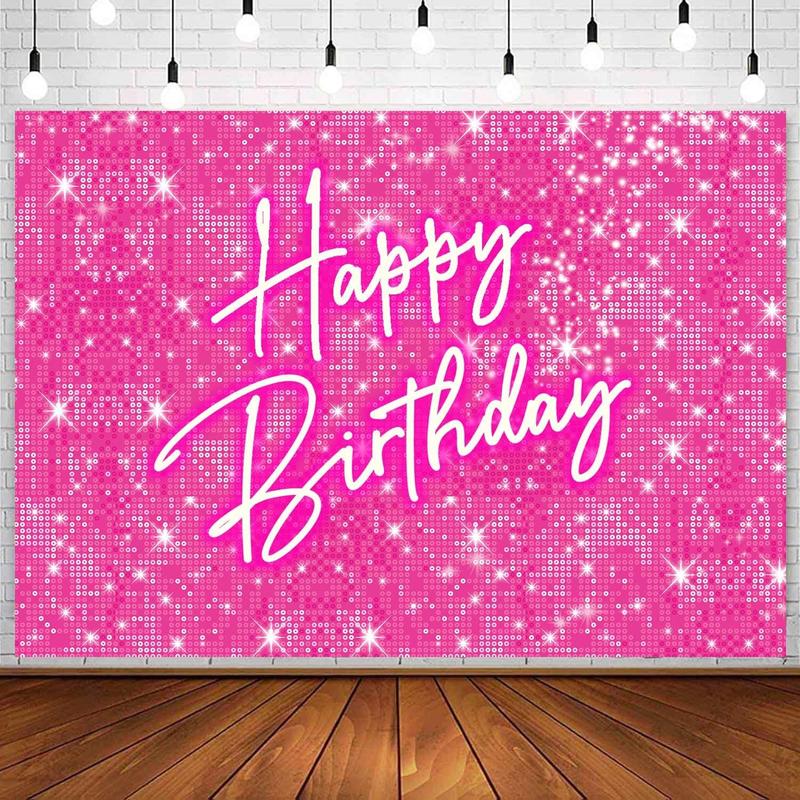 Shiny Pink Neon Happy Birthday Backdrop for Lady Girls Women Princess Theme Party Table Wall Decorations Banner Sparkle Birthday Photo Booth Studio Background 5x3ft