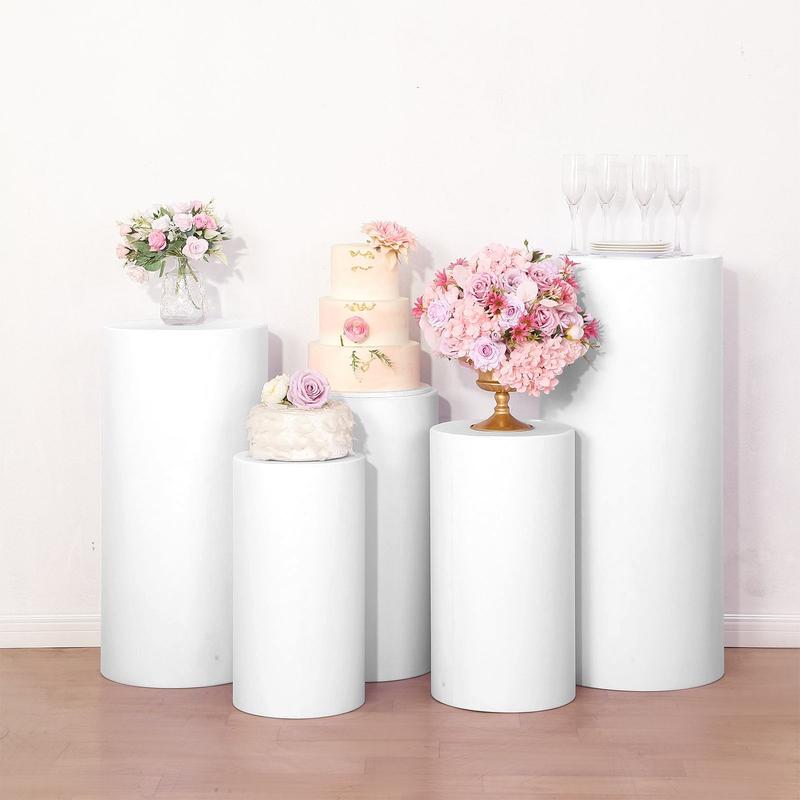 Set of 5 White Cylinder Stretch Fitted Pedestal Pillar Prop Covers, Spandex Plinth Display Box Stand Covers - 160 GSM