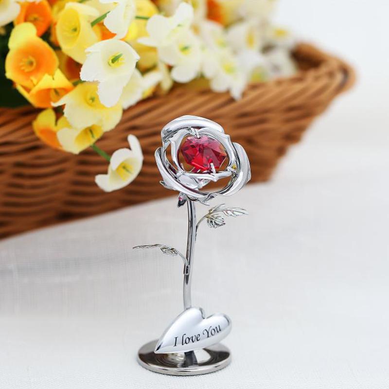 Matashi Gift for Her I Love You Inscribed Rose Flower - Decorative Gift for Christmas, Mother's Day, Birthday, Anniversary, Valentine's Day - Premium Silver Chrome Plated Flower Ornament w  Red Colorful Crystals, Home Decor Ornament with Boxes