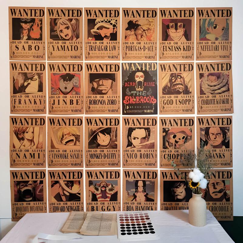 One Piece Wanted Posters - 42 Characters Collectible Prints - Straw Hat Pirates Crew Luffy, Zoro, Nami, Sanji, Robin - 15.75in×11.22in Unframed Retro Style Home Decor Gift Wall Art