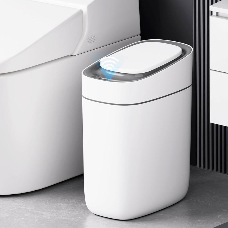 Trash Can with Lid Automatic Garbage Can, 3.5 Gallon Slim Small White Plastic  Trash Bin, Narrow Motion Sensor for Bedroom, Bathroom, Toilet Office4*AA