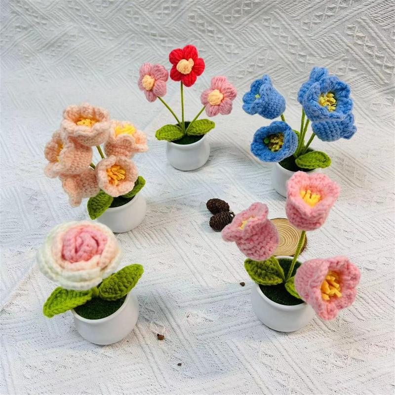 Artificial Flower Crochet, Handmade Woven Potted Home Decoration Knitted Simulation Flower, Yarn Crochet Flower Bouquet Gift