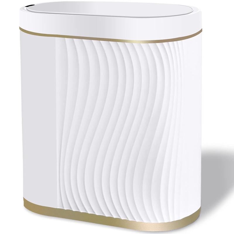 Bathroom Trash Can with Lid Automatic Garbage Can, 2 Gallon Slim Smart Trash Can, Small Plastic Trash Bin, Touchless Motion Sensor Trash Can for Bedroom, Bathroom, Office (Cream Gold Trim)