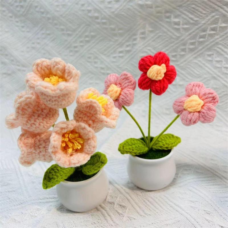 Artificial Flower Crochet, Handmade Woven Potted Home Decoration Knitted Simulation Flower, Yarn Crochet Flower Bouquet Gift