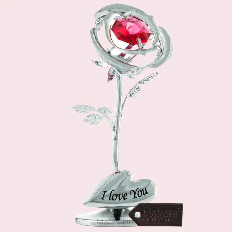 Matashi Gift for Her I Love You Inscribed Rose Flower - Decorative Gift for Christmas, Mother's Day, Birthday, Anniversary, Valentine's Day - Premium Silver Chrome Plated Flower Ornament w  Red Colorful Crystals, Home Decor Ornament with Boxes