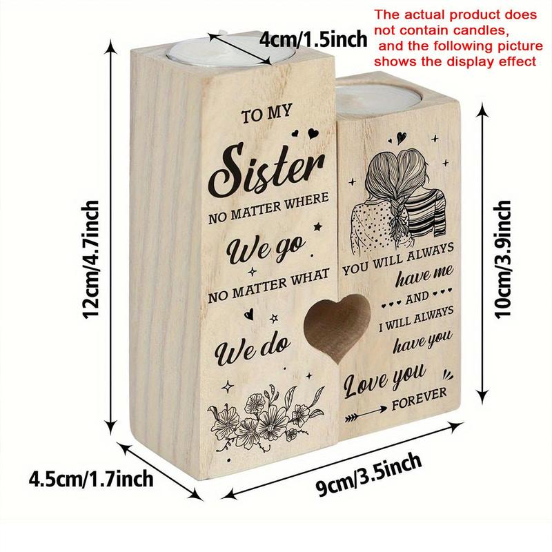 Wooden Heart Shaped Candle Holder, 1 Count Slogan Graphic Candle Holder without Candle, To My Sister Themed Pattern Decor Candle Holder, Home Decor, Gift for Sister