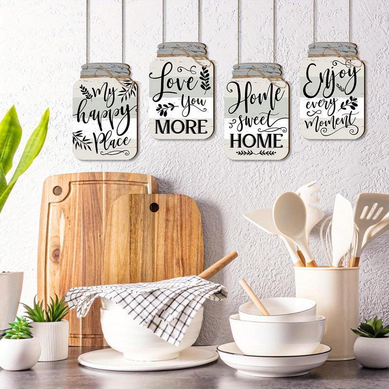 Mason Jar Design Wooden Country Wall Decor, 4 Counts set Leaves & Letter Pattern Farmhouse Kitchen Wall Art with Twine, Home Decor for Kitchen & Living Room