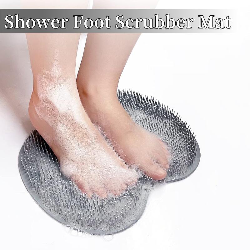 Silicone Shower Foot Scrubber Mat,Back & Feet Cleaning Pad,Shower Massage Soft Bristles Exfoliating Scrubber Brush,Wall Mounted Slip Suction Cups for Use,Bathroom Bathing Accessories grey with compartment(s)