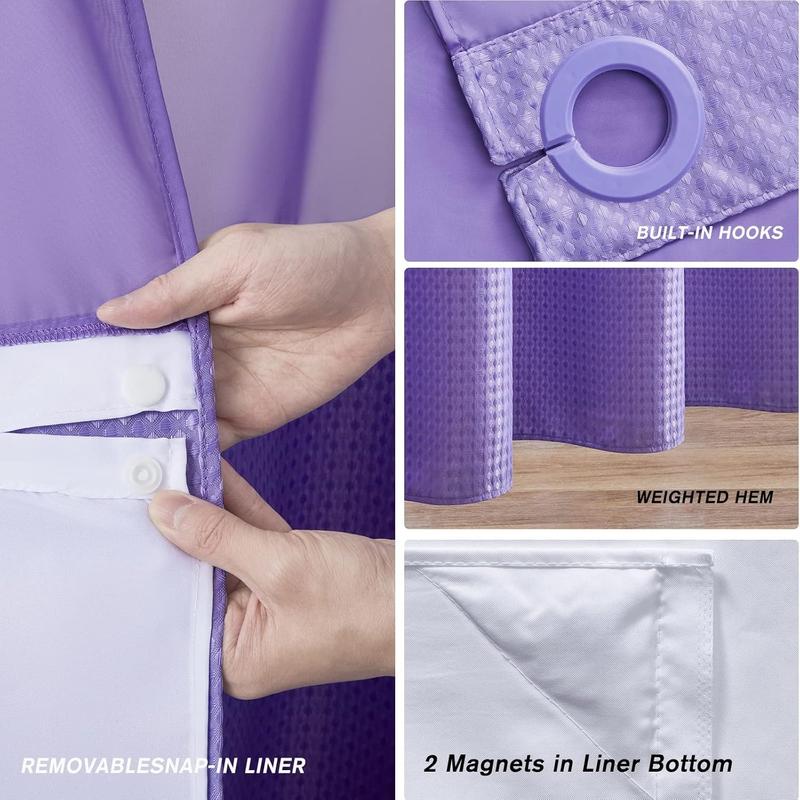 Waffle Weave No Hook Shower Curtain with Snap in Fabric Liner Set,Heavy Duty Textured Bathroom Curtain with See Through Window,Waterproof & Machine Washable,Hotel Style,Purple,71x75 Inch