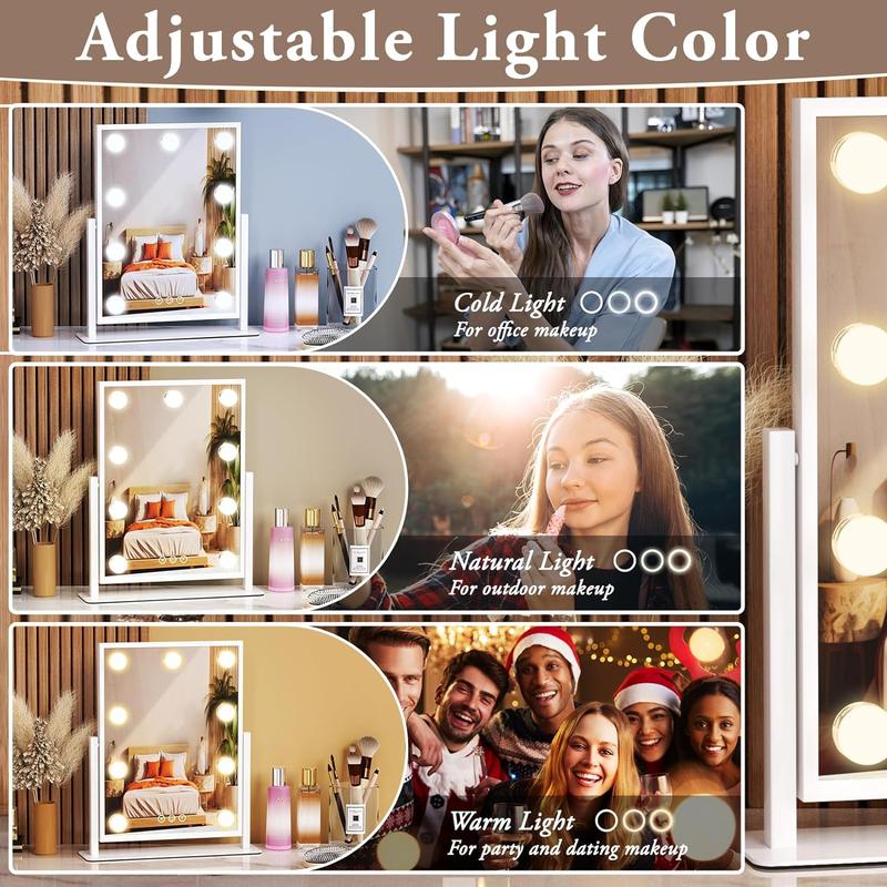 Chrismas gift for families or friends Hollywood Vanity Mirror with Lights: 9 Dimmable Bulbs, 3 Color Modes, Smart Touch Control, 360° Rotation, Elegant Decor