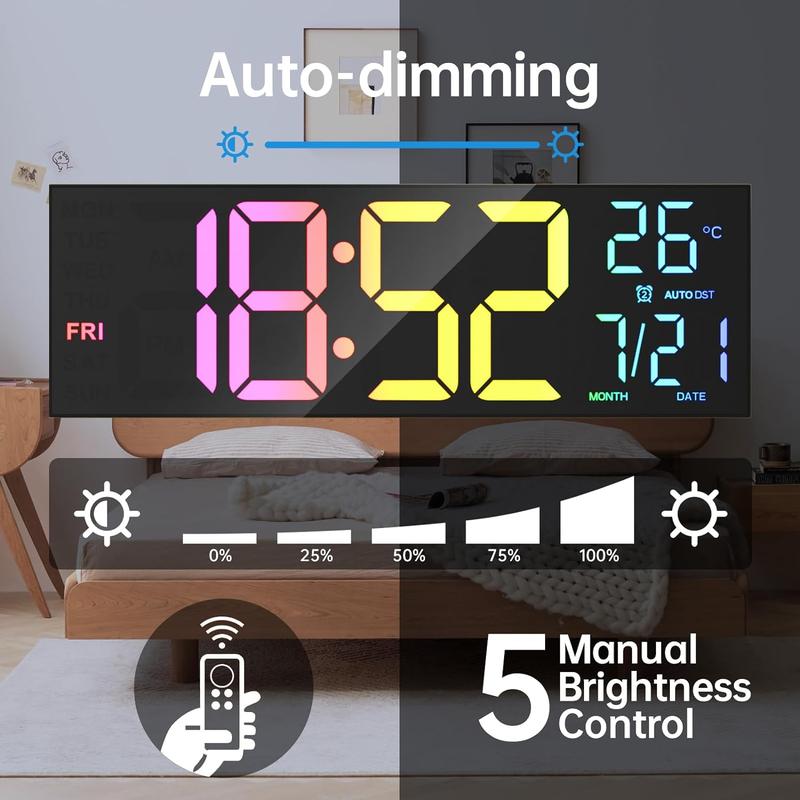 LED Wall Clock, 1 Count 24 12 Hour Digital Wall Clock with Temperature & Date Display, Home Decor for Living Room, Office, Gym