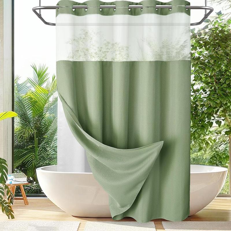 No Hook Shower Curtain with Snap in Liner Set Less Time Sage Green Waffle Shower Curtain for Bathroom Light Eye