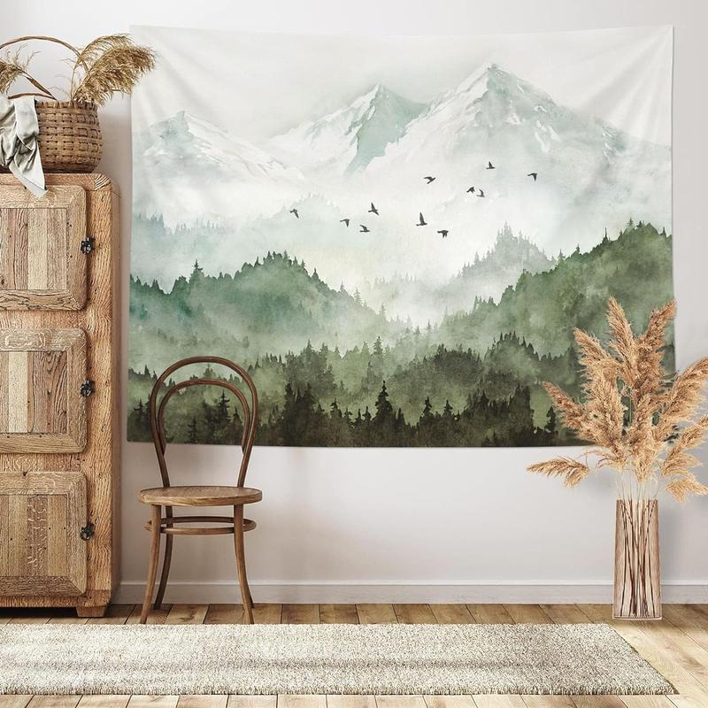 Mountain Forest Tapestry, Misty Foggy Sage Green Tree Landscape Watercolor Art Wall Backdrop 36×48 inch Decor Curtain Hanging Print Room